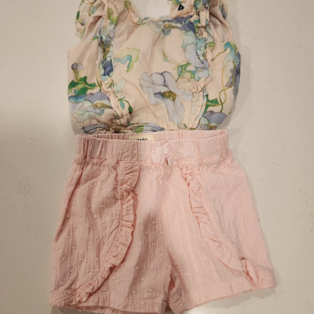 Janie and Jack Floral Cotton Crop Top and Cotton Pink Shorts Size 6-9 months